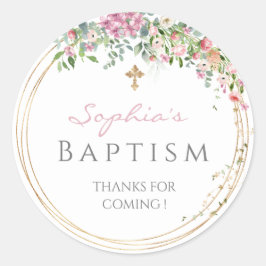 Elegant roze Waterverf Floral Girl Baptism Favou Ronde Sticker