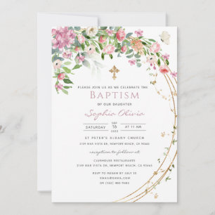 Elegant roze Waterverf Floral Girl Baptism Invit Kaart