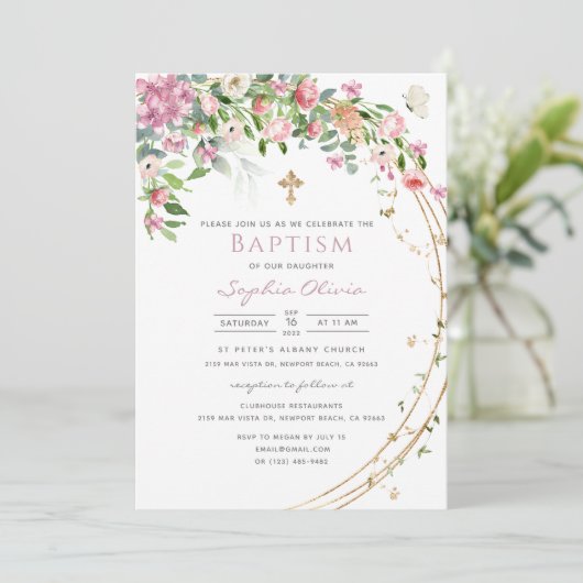 Elegant roze Waterverf Floral Girl Baptism Invit Kaart (Staand voorkant)