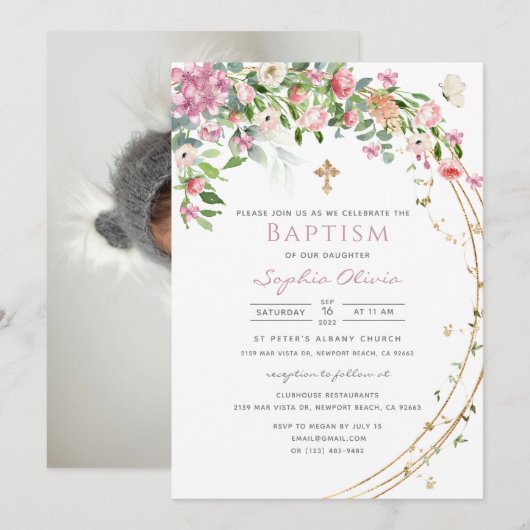 Elegant roze Waterverf Floral Girl Baptism Invit Kaart (Voorkant / Achterkant)