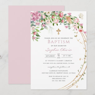 Elegant roze Waterverf Floral Girl Baptism Invita Kaart