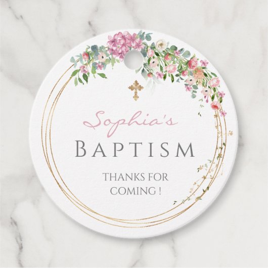 Elegant roze Waterverf Floral Girl Baptisme Bedankjes Labels (Voorkant)