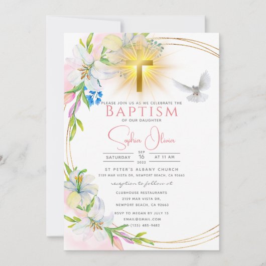 Elegant roze Waterverf Floral Girl Baptisme Kaart (Voorkant)