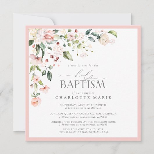 Elegant roze Waterverf Floral Girl Baptisme Kaart (Voorkant)