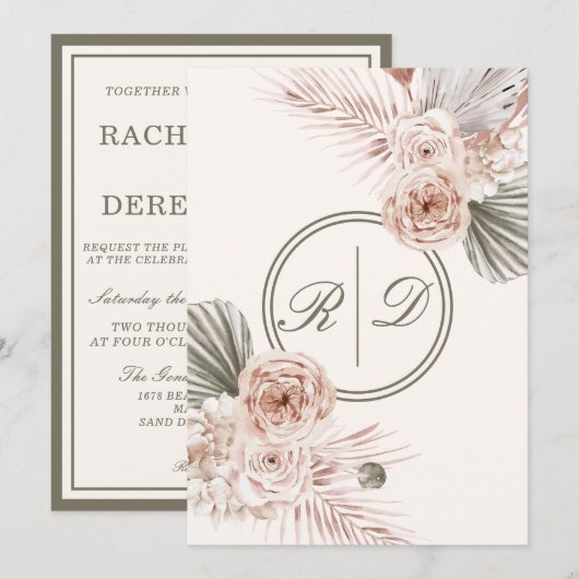 Elegant roze Waterverf Floral Monogram bruiloft in Kaart (Voorkant / Achterkant)