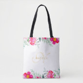 Elegant roze Waterverf Floral Monogram Naam Tote Bag (Voorkant)