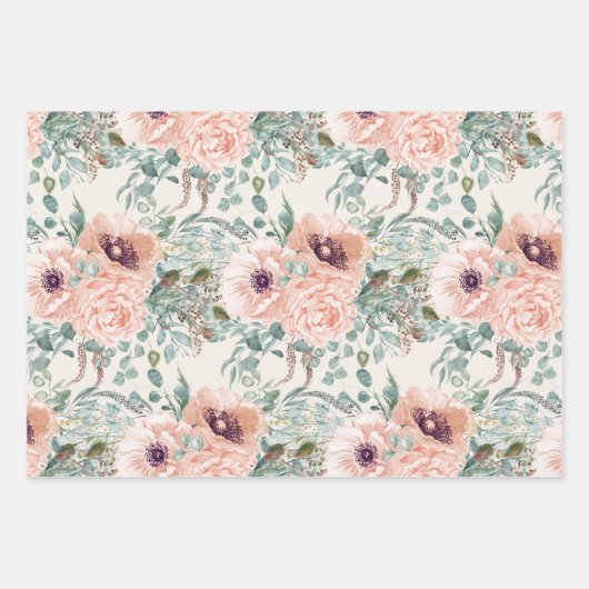Elegant roze Waterverf Floral Sage Green Stripes Inpakpapier Vel (Voorkant)