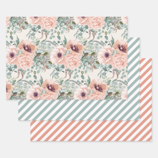 Elegant roze Waterverf Floral Sage Green Stripes Inpakpapier Vel (Set)