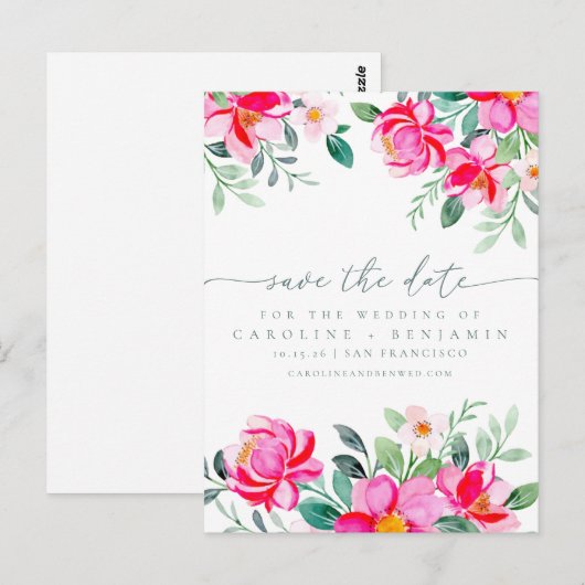 Elegant roze Waterverf Floral Script Save Date Briefkaart (Voorkant / Achterkant)