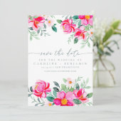 Elegant roze Waterverf Floral Script Weddenschap Save The Date (Staand voorkant)