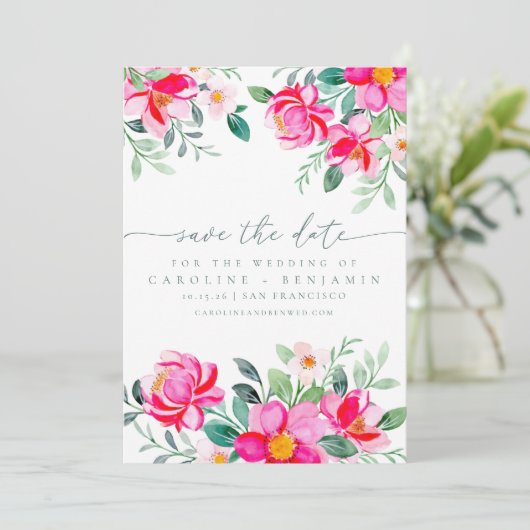 Elegant roze Waterverf Floral Script Weddenschap Save The Date (Staand voorkant)