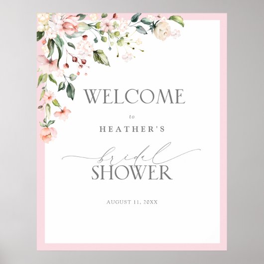 Elegant roze Waterverf Floral Shower Welkom Poster (Voorkant)