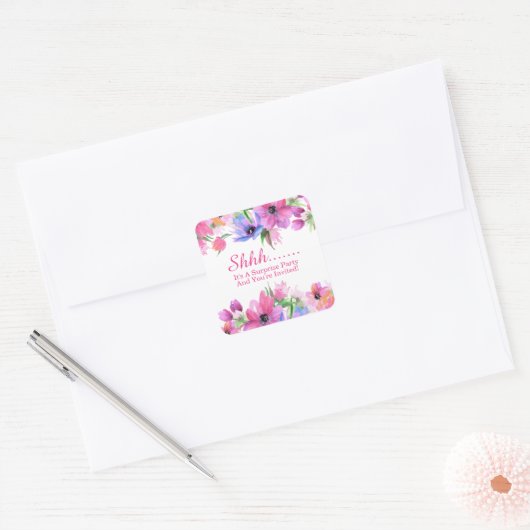 Elegant roze Waterverf Floral verrassingspartij sq Vierkante Sticker (Envelop)