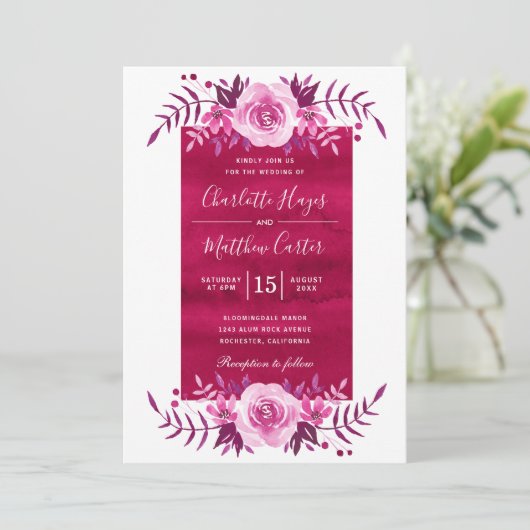 Elegant roze Waterverf Floral Wedding Kaart (Staand voorkant)