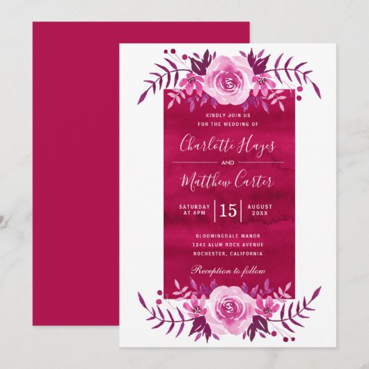 Elegant roze Waterverf Floral Wedding Kaart (Voorkant / Achterkant)