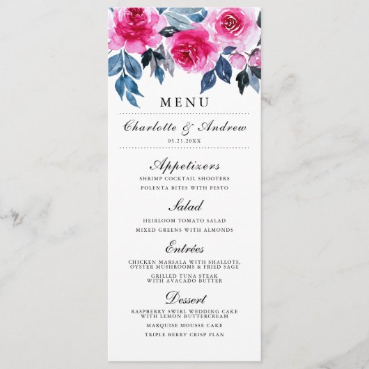 Elegant roze Waterverf Floral Wedding Menu (Voorkant)