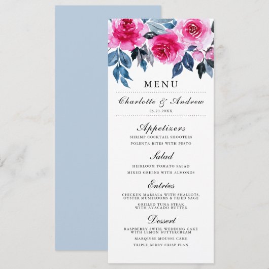 Elegant roze Waterverf Floral Wedding Menu (Voorkant / Achterkant)