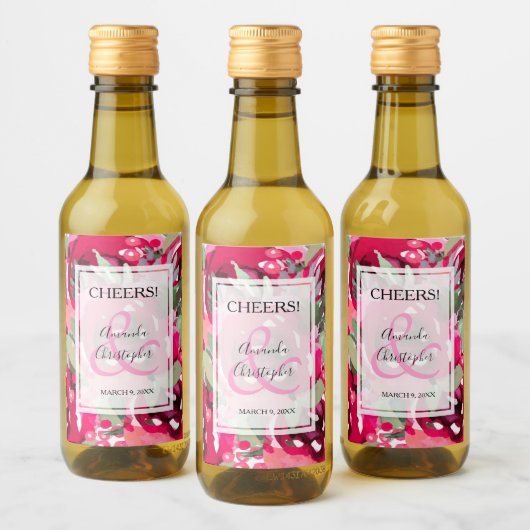 Elegant roze Waterverf Floral Wedding Mini Wijn Etiket (Flessen)