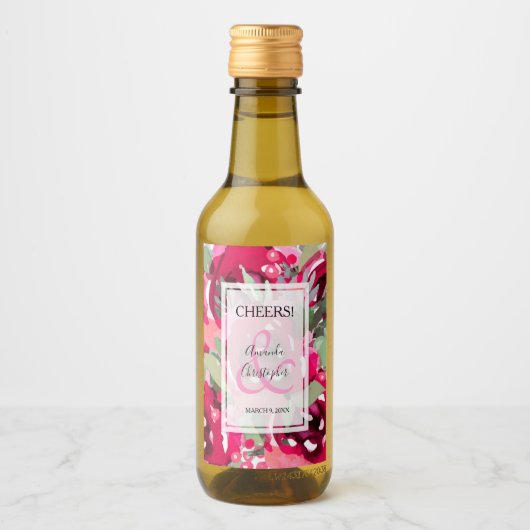 Elegant roze Waterverf Floral Wedding Mini Wijn Etiket (Voorkant)