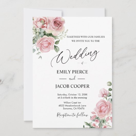 Elegant roze Waterverf Floral Wedding Uitnodiging (Voorkant)
