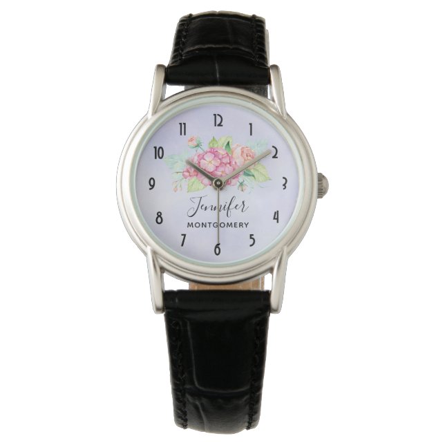 Elegant roze Waterverf Flower Bouquet Horloge (Voorkant)