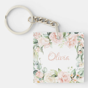 Elegant roze Waterverf Flowers gepersonaliseerd Sleutelhanger
