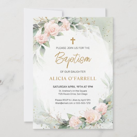 Elegant roze Waterverf Flowers Greenery Baptisme Kaart (Voorkant)