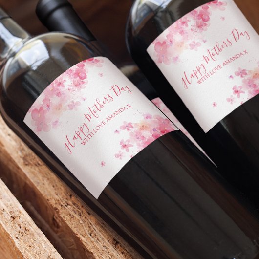 Elegant roze Waterverf Flowers Happy Mothers Day Wijn Etiket