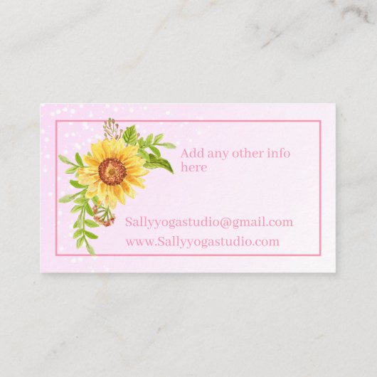 Elegant Roze Waterverf Geel Zonnebloem Visitekaartje (Achterkant)
