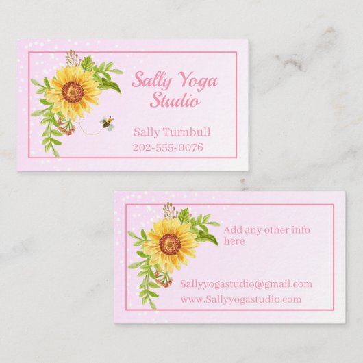 Elegant Roze Waterverf Geel Zonnebloem Visitekaartje (Voorkant / Achterkant)