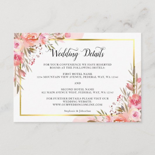 Elegant roze Waterverf gouden details Informatiekaartje (Voorkant)