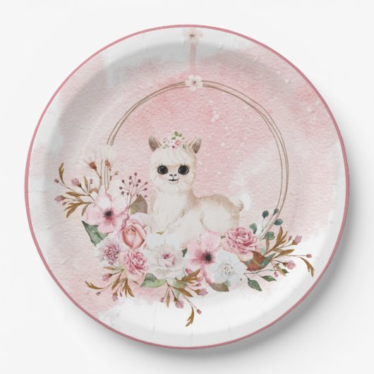 Elegant roze Waterverf Llama Baby shower P Papieren Bordje (Voorkant)