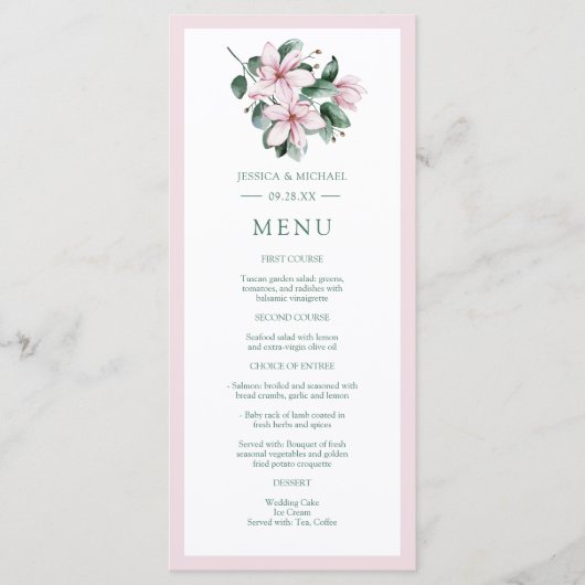 Elegant roze Waterverf Magnolia Floral Wedding Menu (Voorkant)