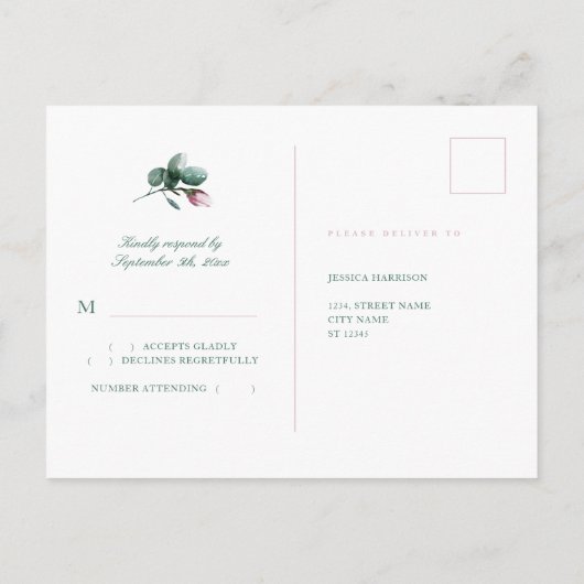 Elegant roze Waterverf Magnolia Wedding RSVP Briefkaart (Achterkant)