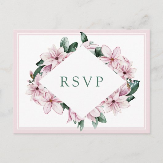 Elegant roze Waterverf Magnolia Wedding RSVP Briefkaart (Voorkant)