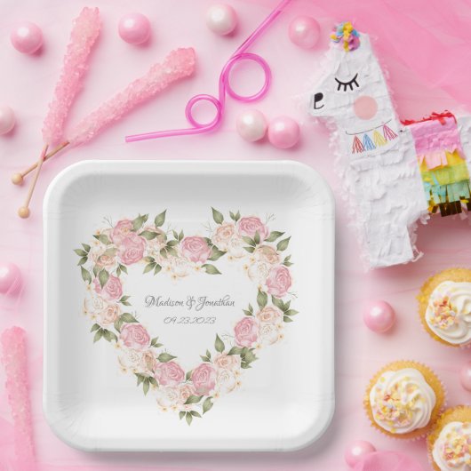 Elegant roze Waterverf Names Wedding Heart Papieren Bordje (Feest)