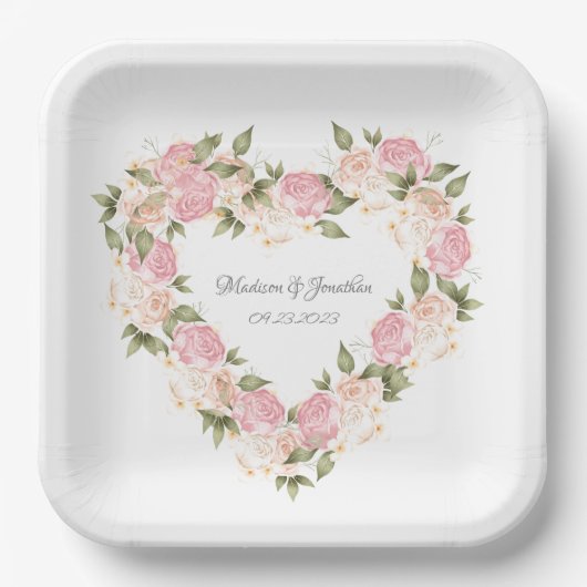 Elegant roze Waterverf Names Wedding Heart Papieren Bordje (Voorkant)