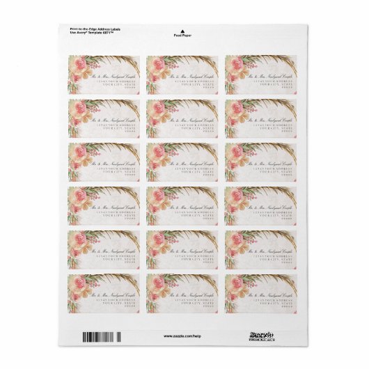 Elegant roze Waterverf Pampas Grass Boho Etiket (Full Sheet)