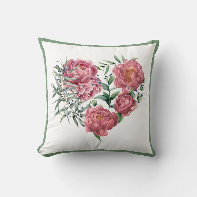 Elegant roze Waterverf Peonies Greenery Wreath Kussen (Voorkant)