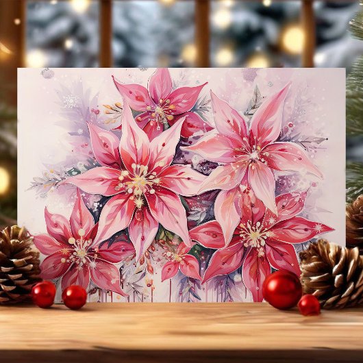 Elegant Roze Waterverf Poinsettia Kerst Feestdagen Kaart