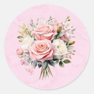 Elegant Roze Waterverf Rozen Boeket Bruiloft Ronde Sticker