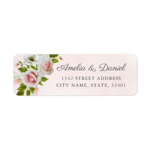 Elegant roze Waterverf Rozen Floral Wedding Etiket (Voorkant)