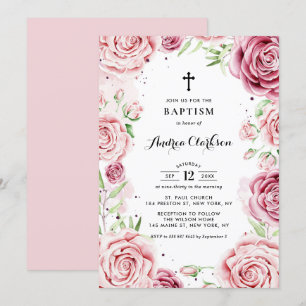 Elegant roze Waterverf Rozen Lijst Baptisme Kaart