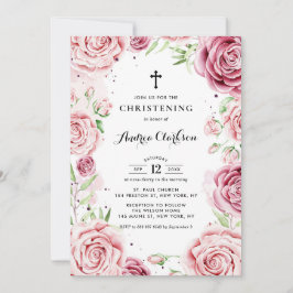 Elegant roze Waterverf Rozen Lijst Christening Kaart