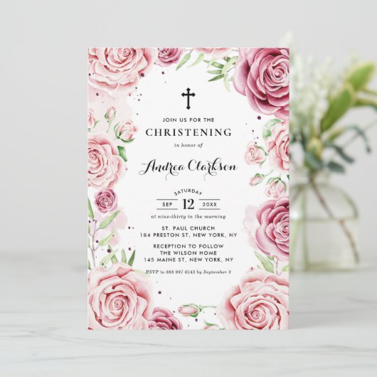 Elegant roze Waterverf Rozen Lijst Christening Kaart (Staand voorkant)