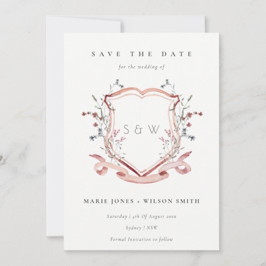 Elegant roze - Waterverf voor monogram wilde bloem Save The Date (Voorkant)