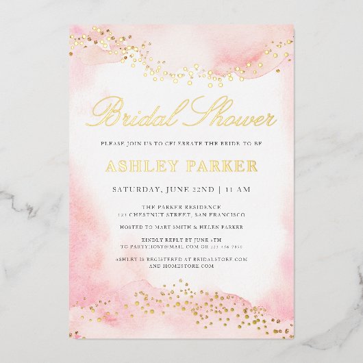 Elegant  Roze Waterverf Vrijgezellenfeest Goud Folie Uitnodiging (Voorkant)