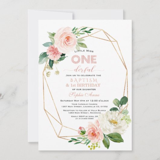 Elegant Roze White Floral Baptism & First Birthday Kaart (Voorkant)