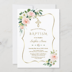Elegant Roze White Floral Bloom Gold Cross Baptism Kaart