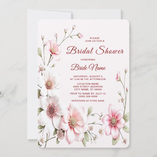 Elegant Roze White Floral Bridal Shower Kaart (Voorkant)